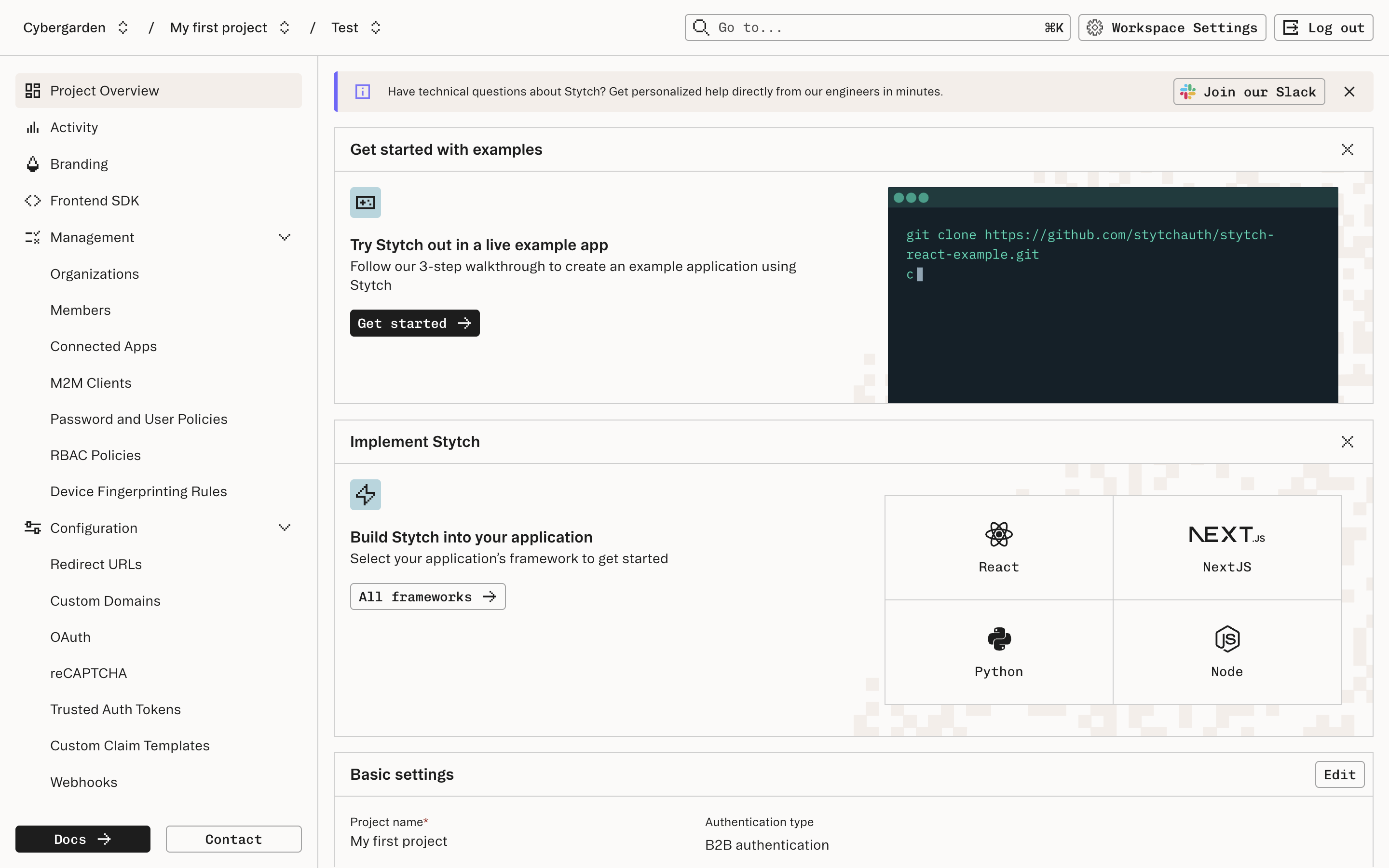 Stytch dashboard
