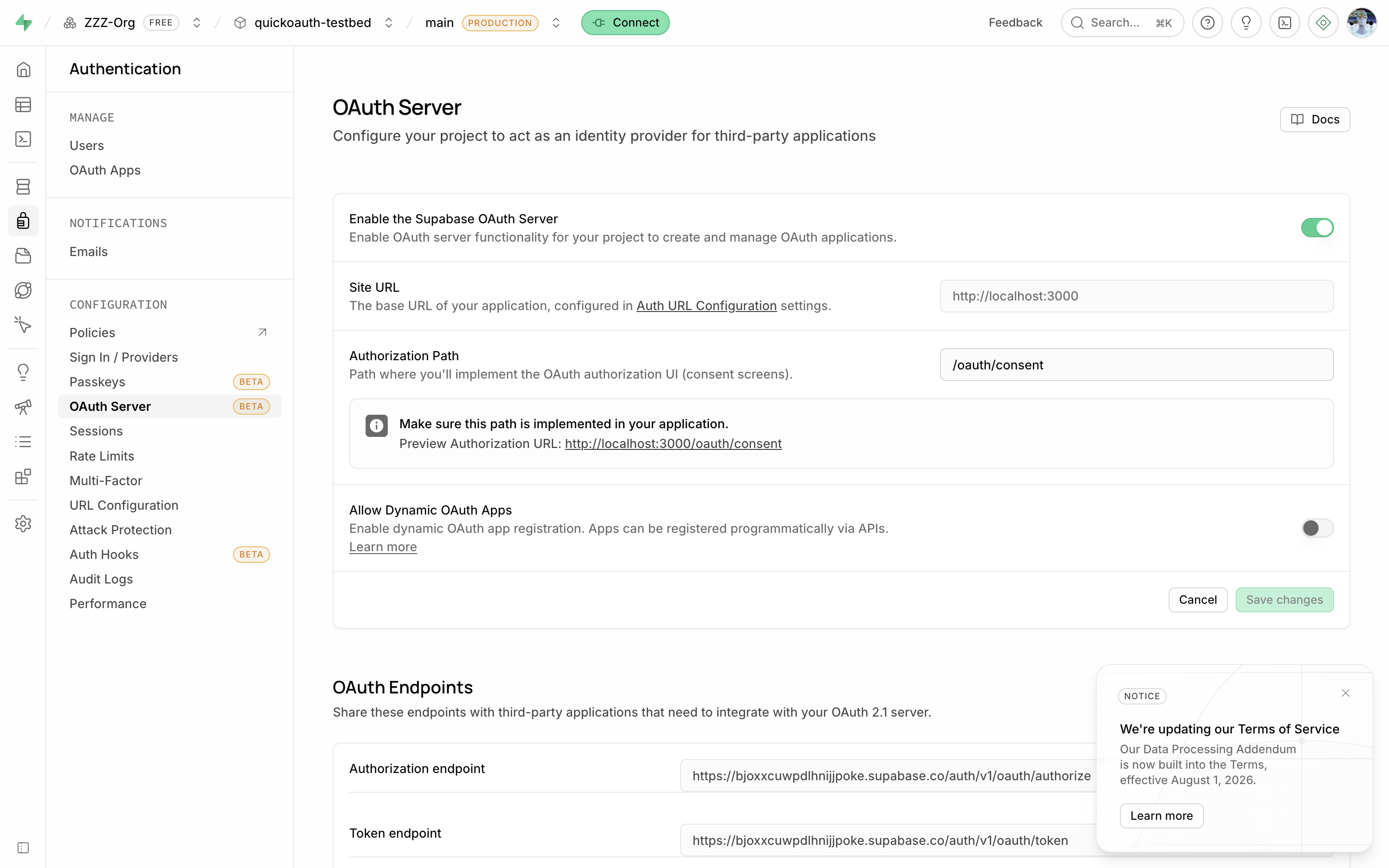 OAuth Server settings